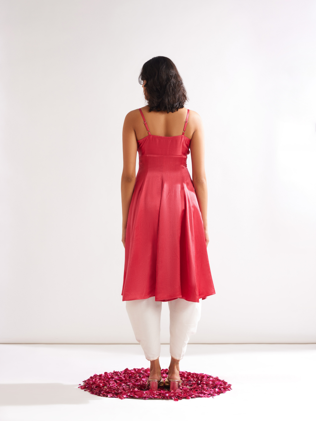 Cowl neck circular panelled kurta with side pleated pants- Raspberry