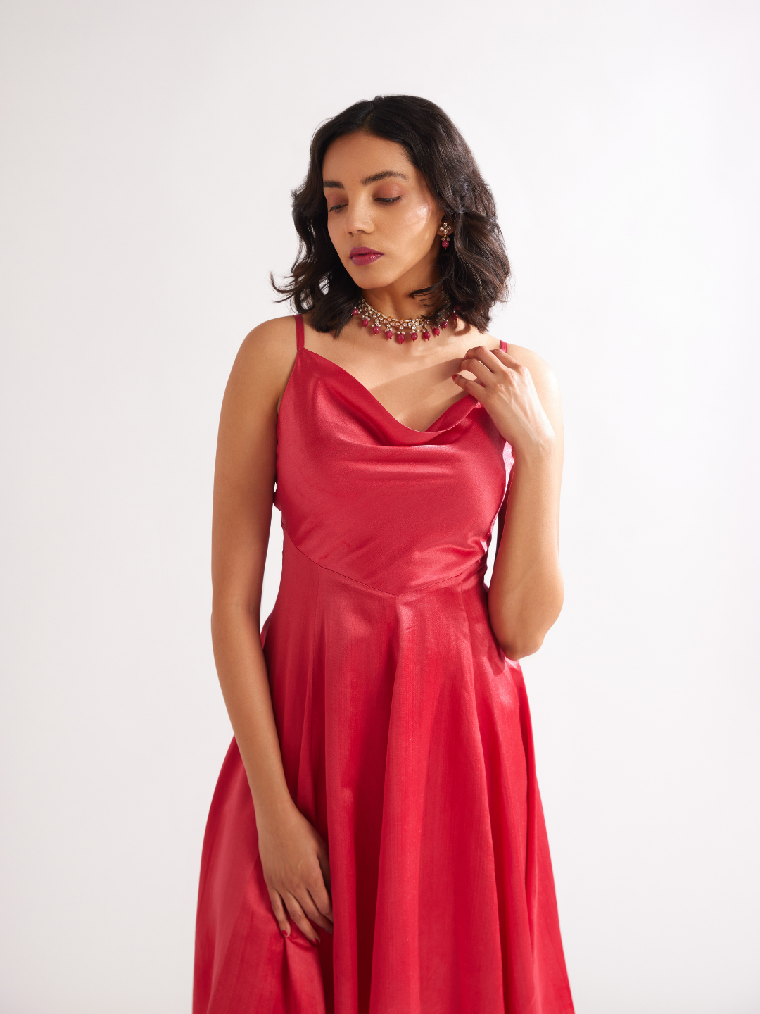 Cowl neck circular panelled kurta with side pleated pants- Raspberry