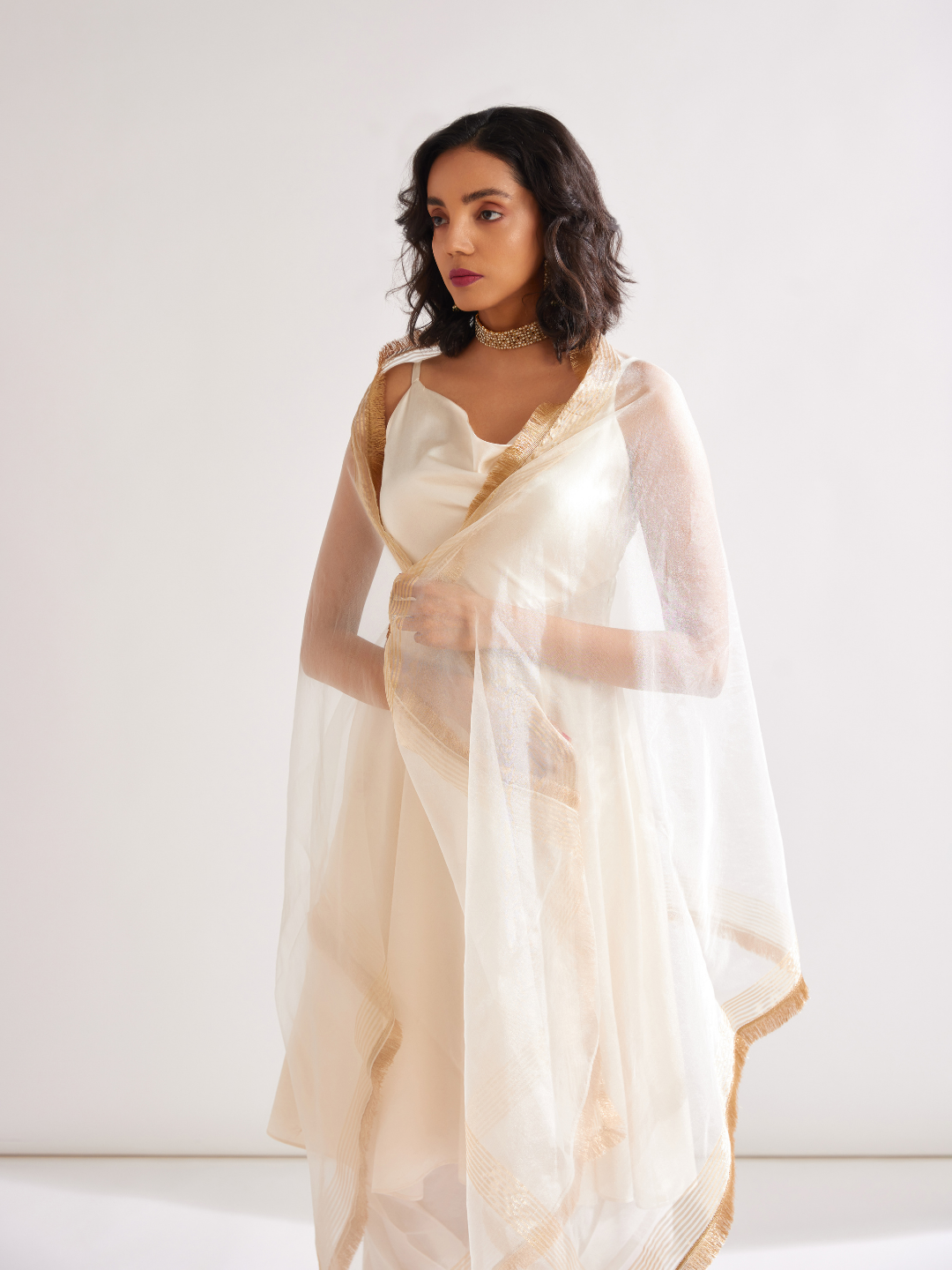 Cowl neck circular panelled kurta with side pleated pants- Ivory