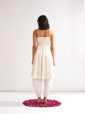 Cowl neck circular panelled kurta with side pleated pants- Ivory