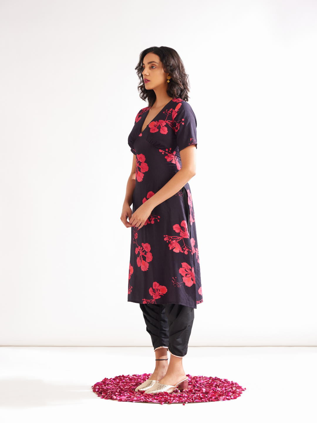 Gulmohar back tie-up kurta Paired with side pleated dhoti- Rich black