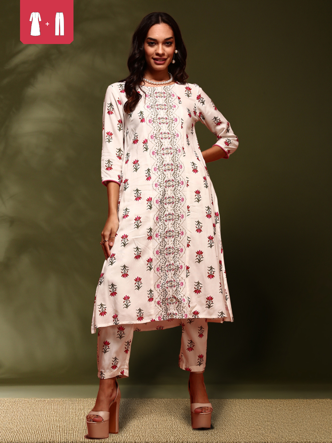 Floral print kurta with straight pangts-black &beige