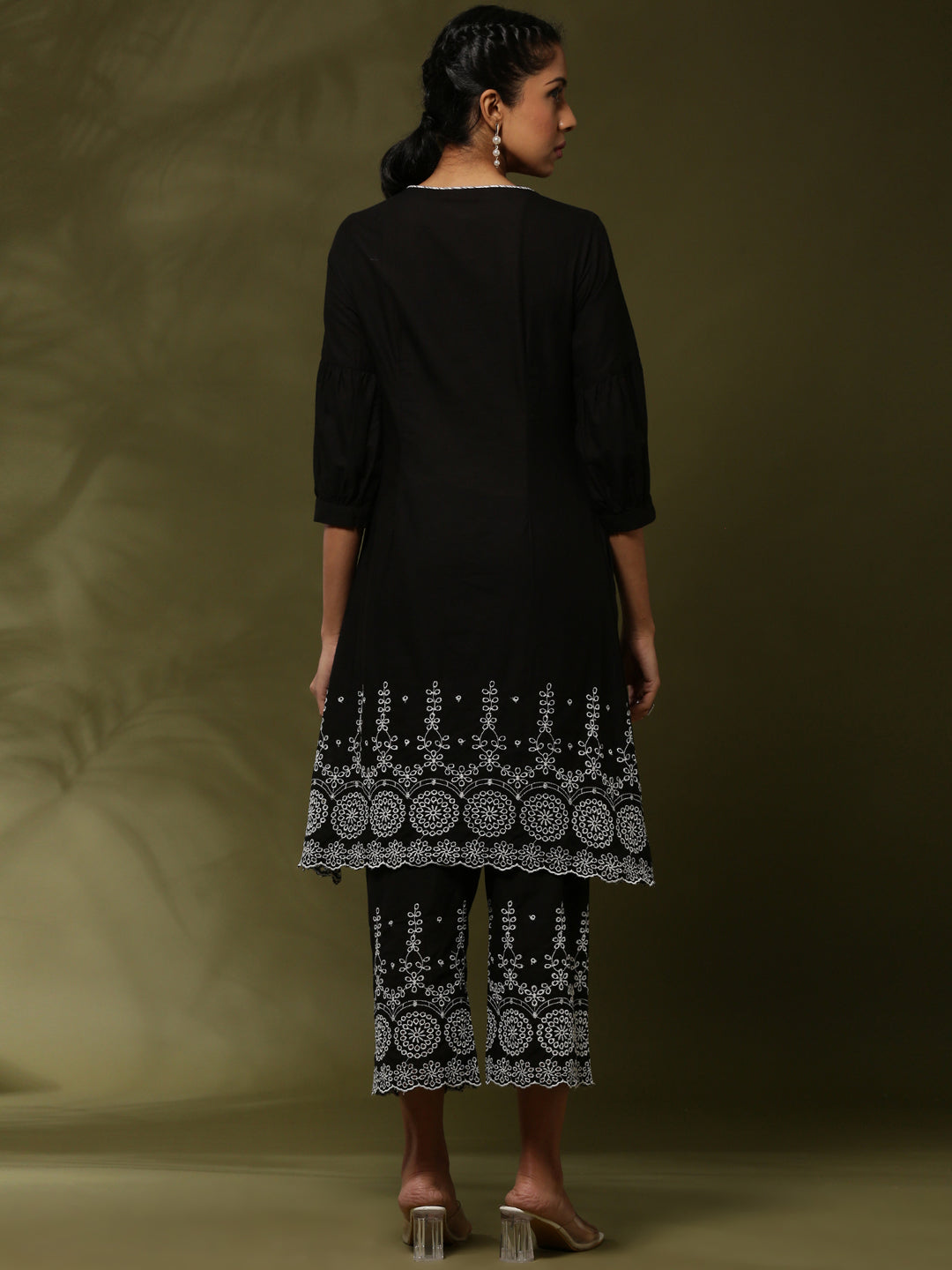 Schiffli 2pc kurta set- black