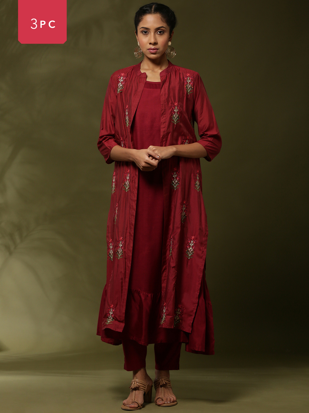 solid 3pc kurta set with embroidered jacket-maroon