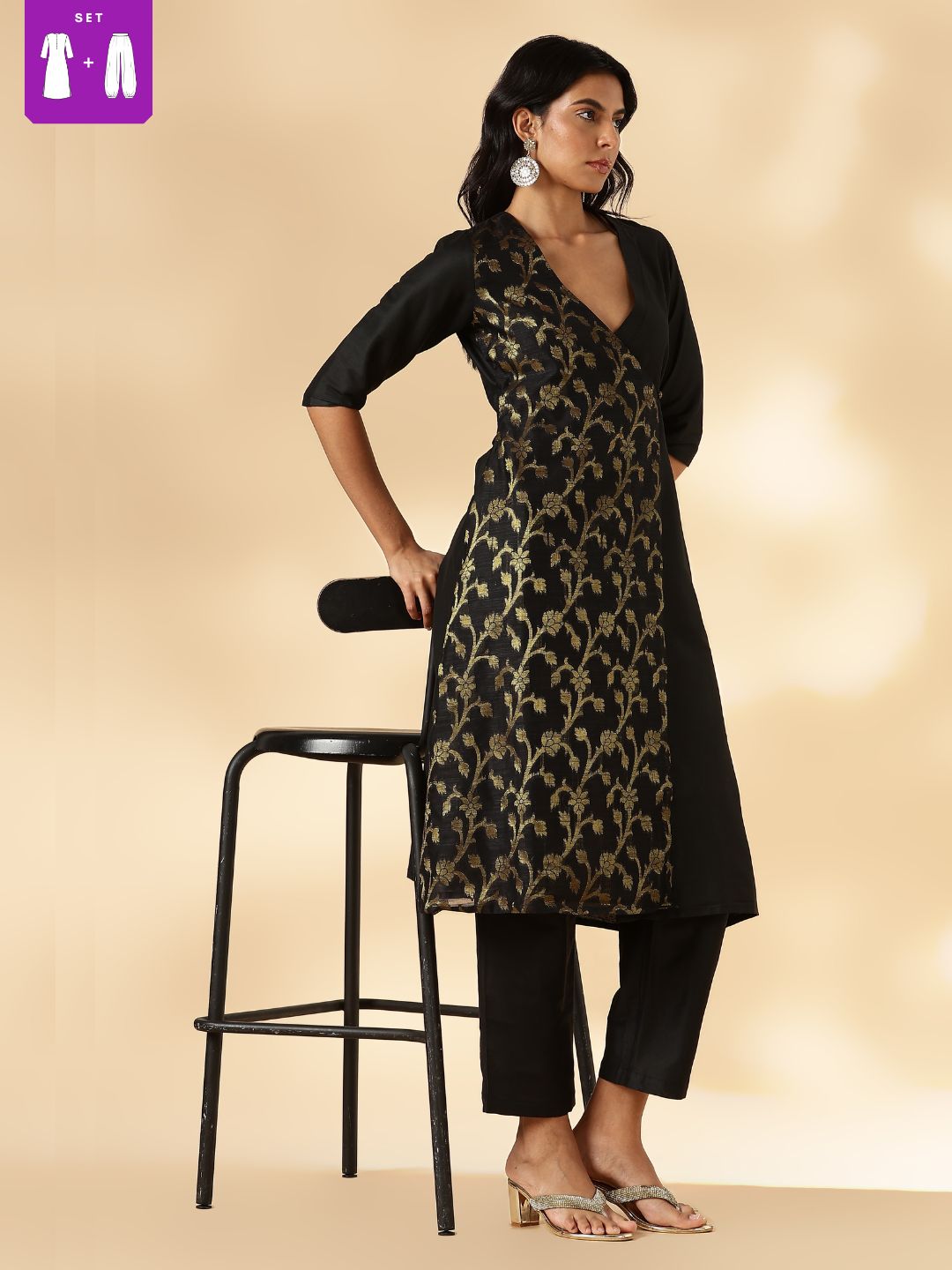 Black Brocade Angrakha Kurta and Pant Set