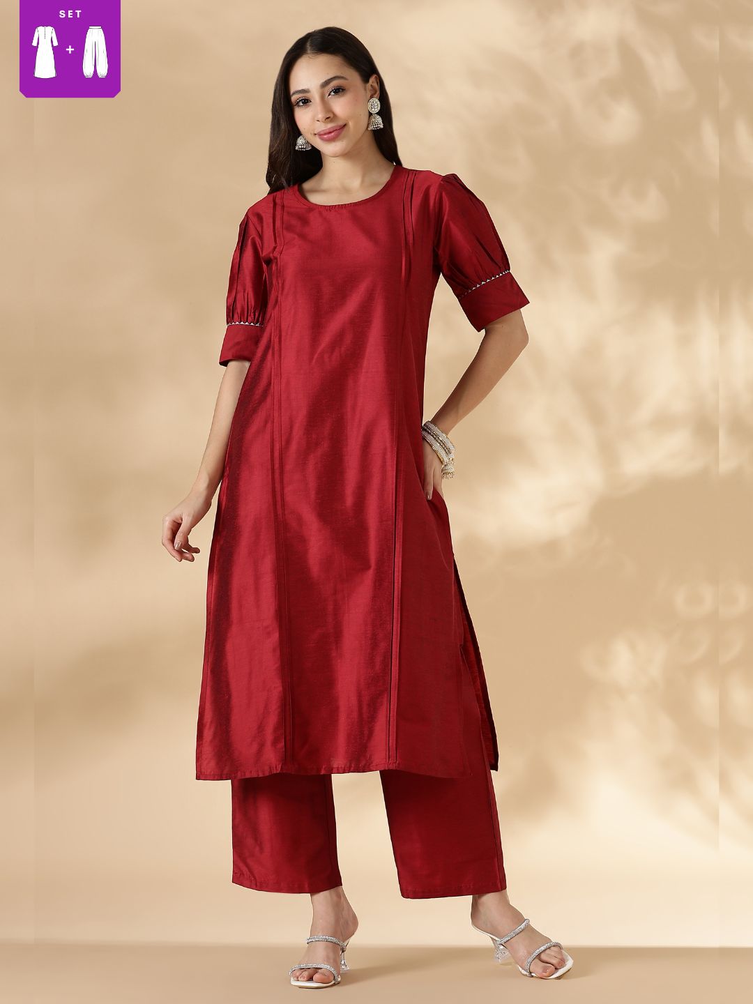 Red Solid Round Neck Kurta Pant Set With Short Puff Sleeves