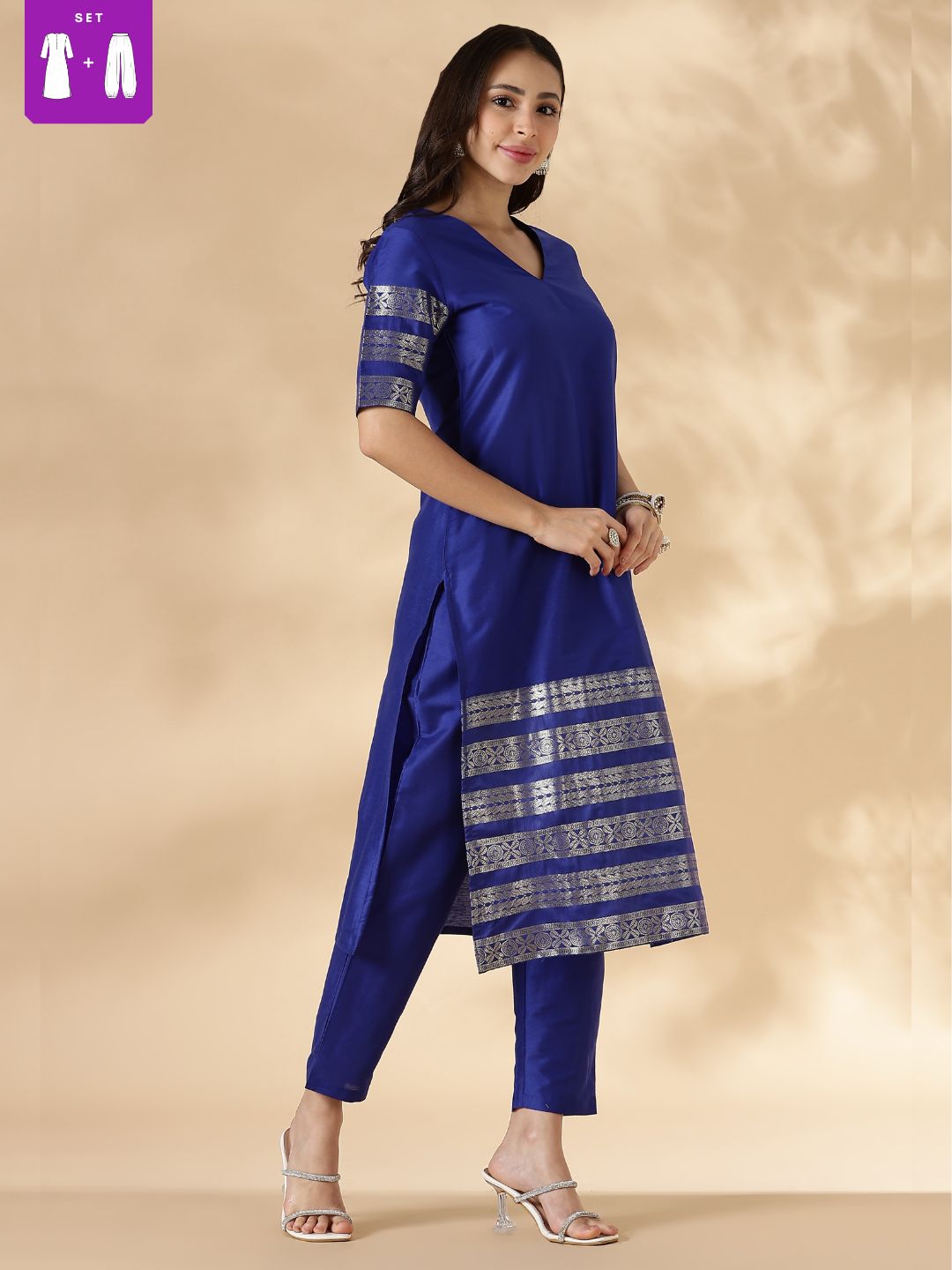 Blue Kurta Pant Set with Brocade Detail