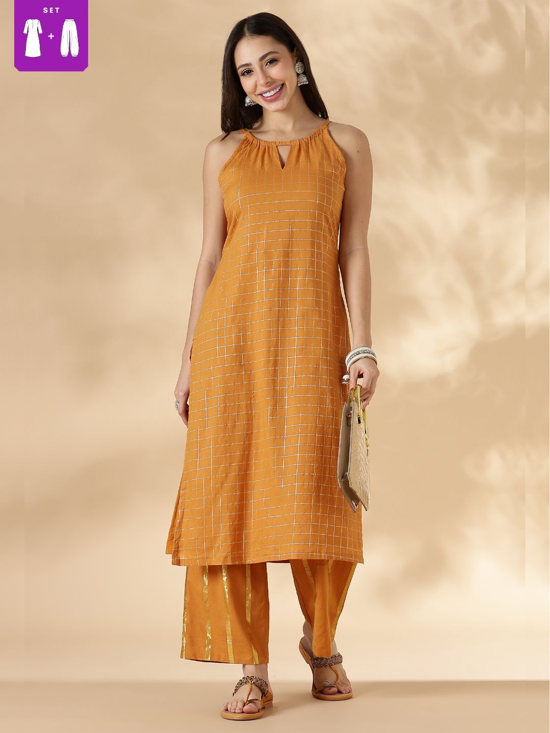 Mustard Halterneck Lurex Kurta with Straight Pants