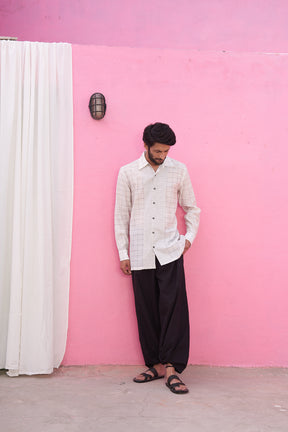 White Classic collar kurta shirt with kantha striped yoke