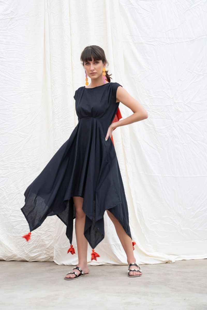 Midnight-Black Mangalgiri Cotton Handkerchief Dress