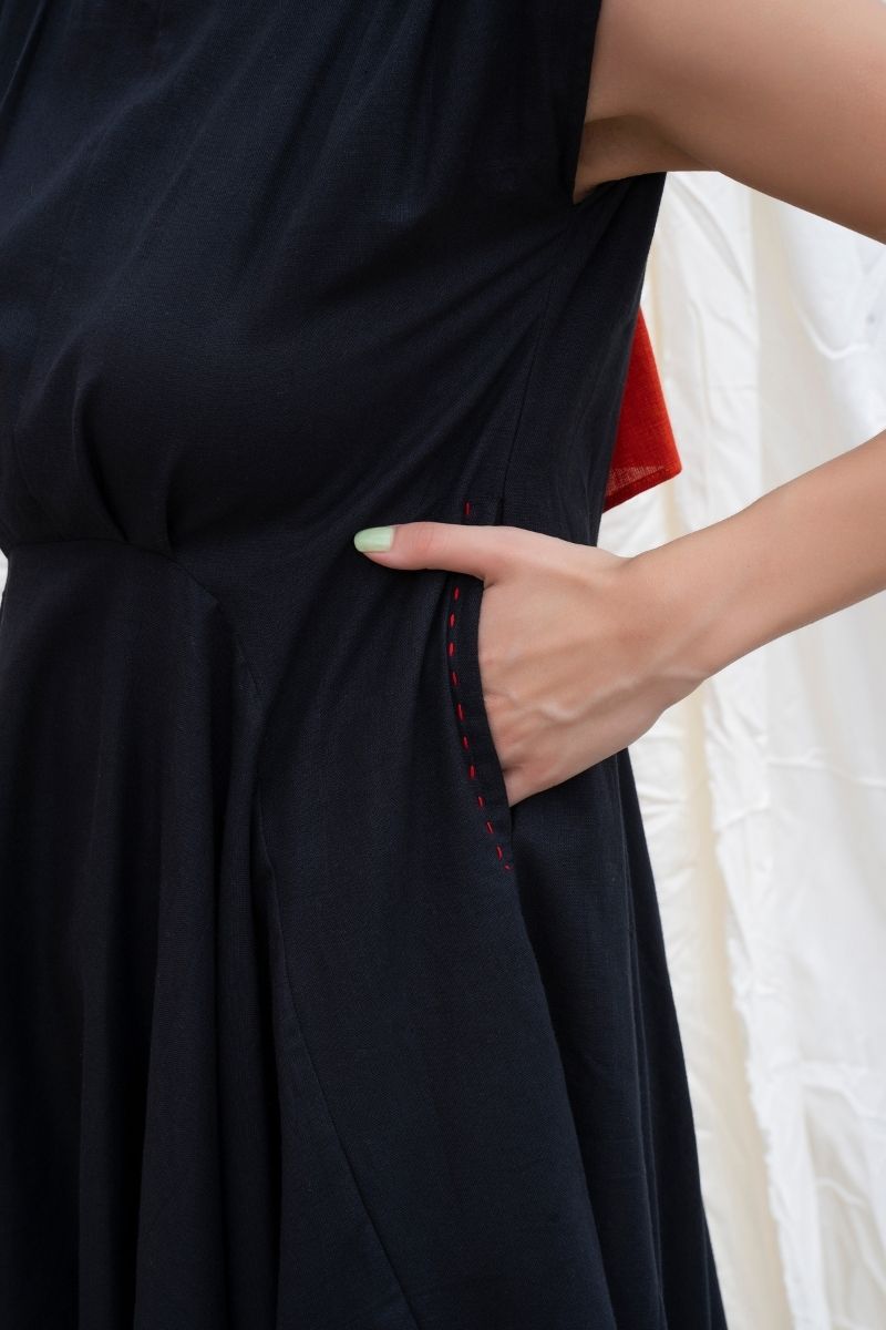 Midnight-Black Mangalgiri Cotton Handkerchief Dress