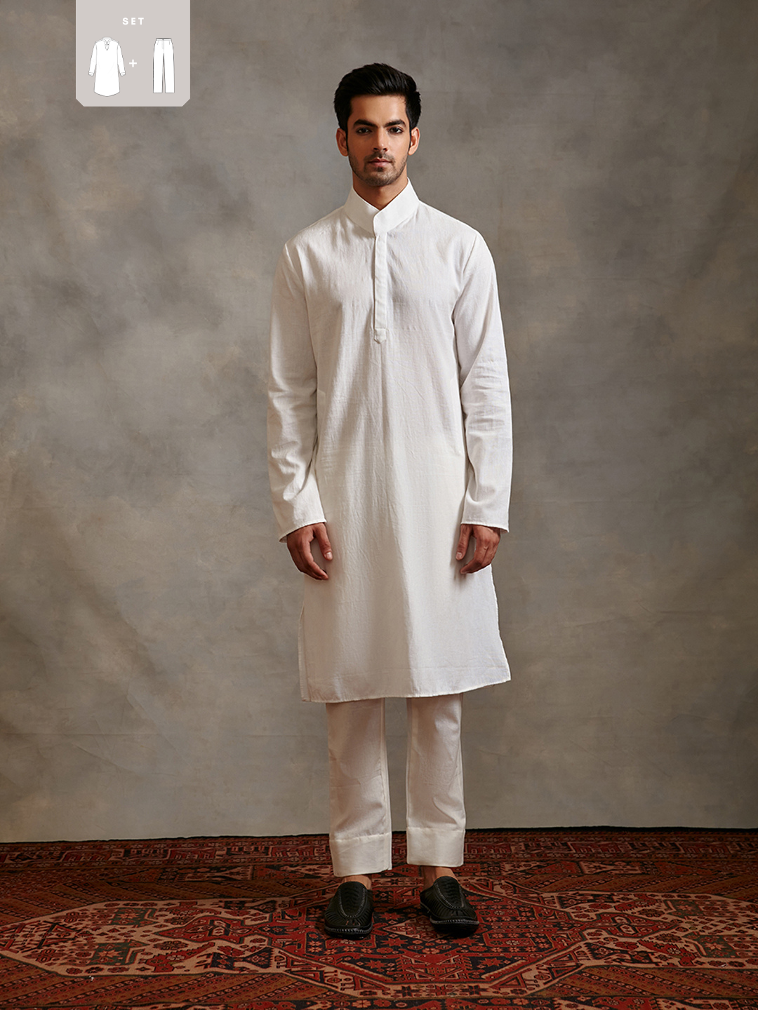 Extended collar cotton flax kurta Set