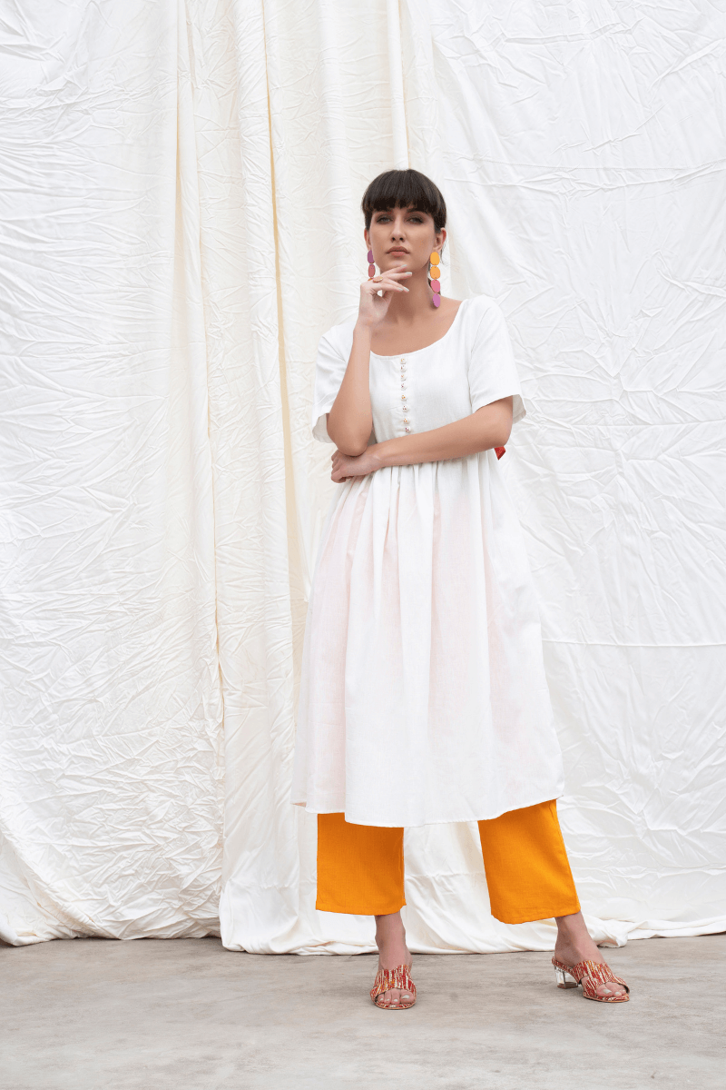 Marshmellow White Mangalgiri Button Down Kurta and Pant