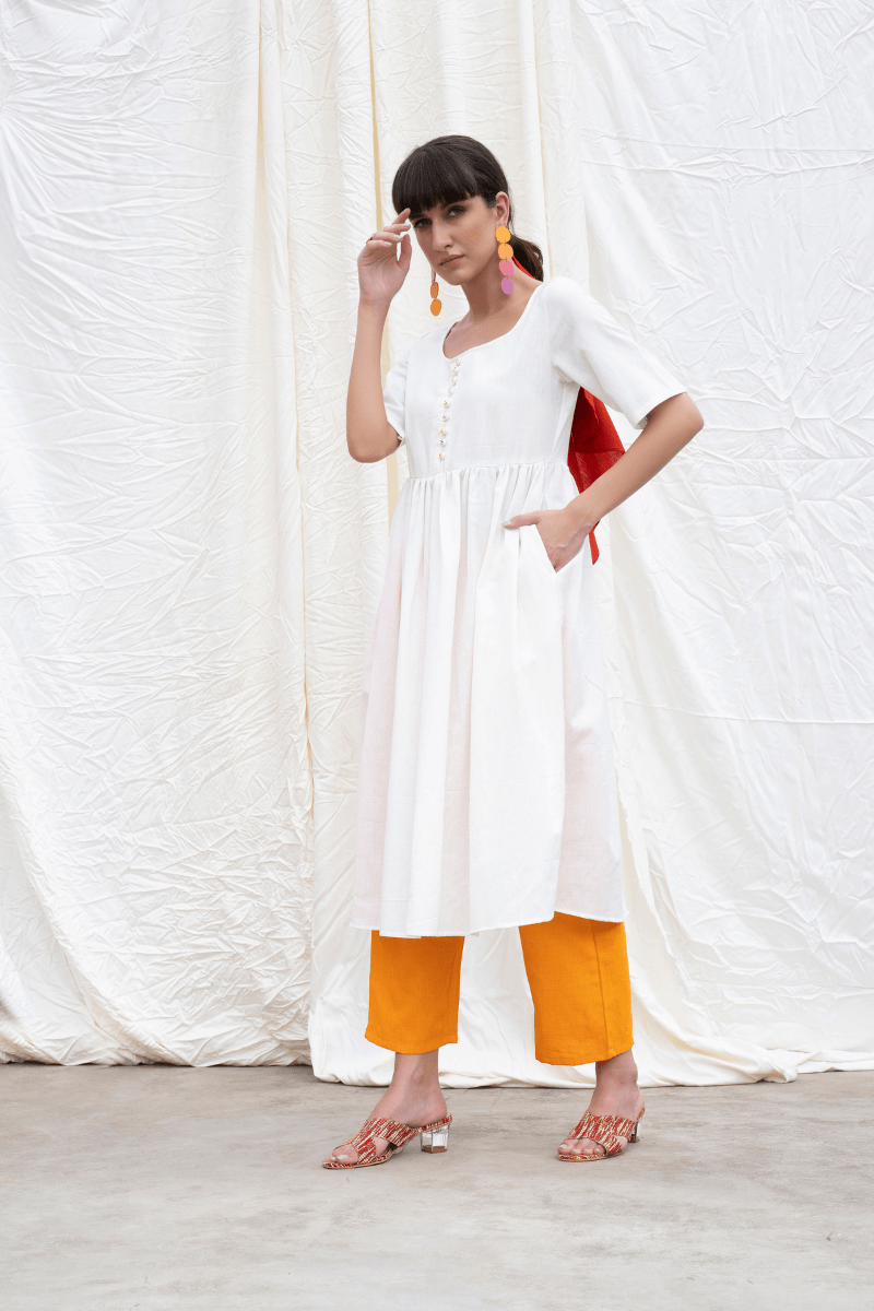 Marshmellow White Mangalgiri Button Down Kurta and Pant