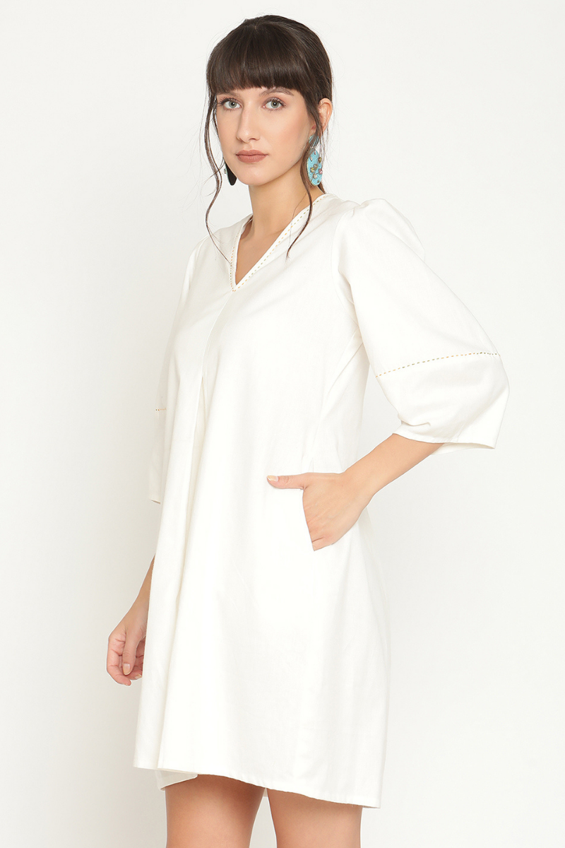 Abhishti box pleat flared dress in Mangalgiri cotton-Marshmellow White