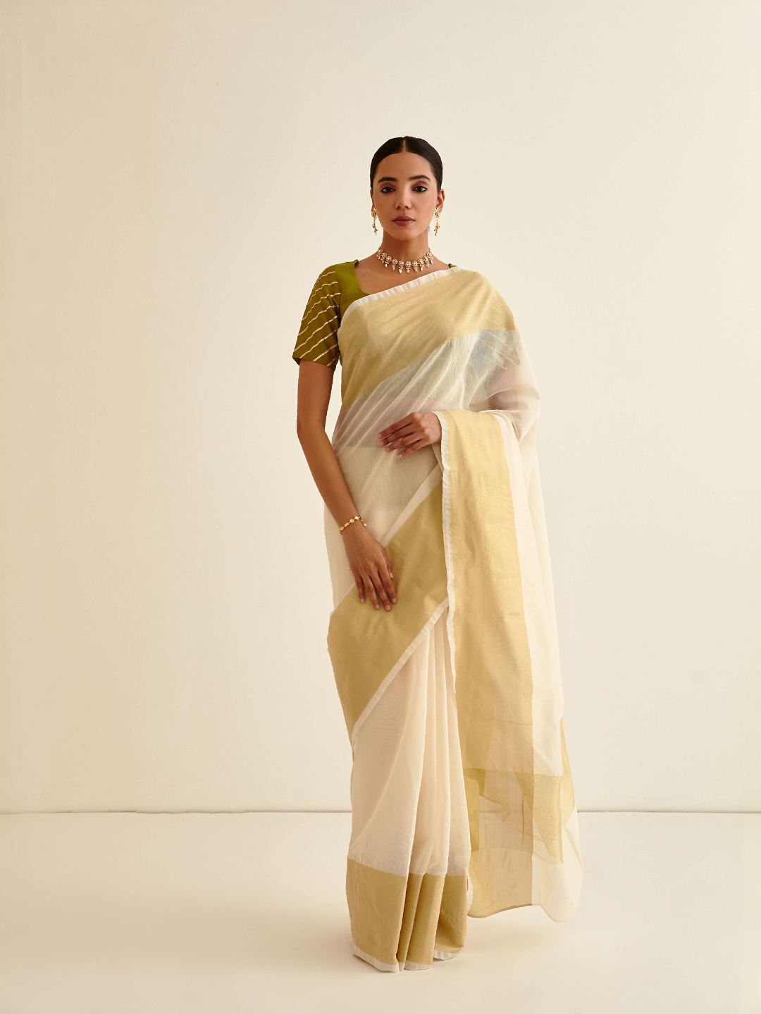 Banarasi Woven sari with zari border-Pearl white
