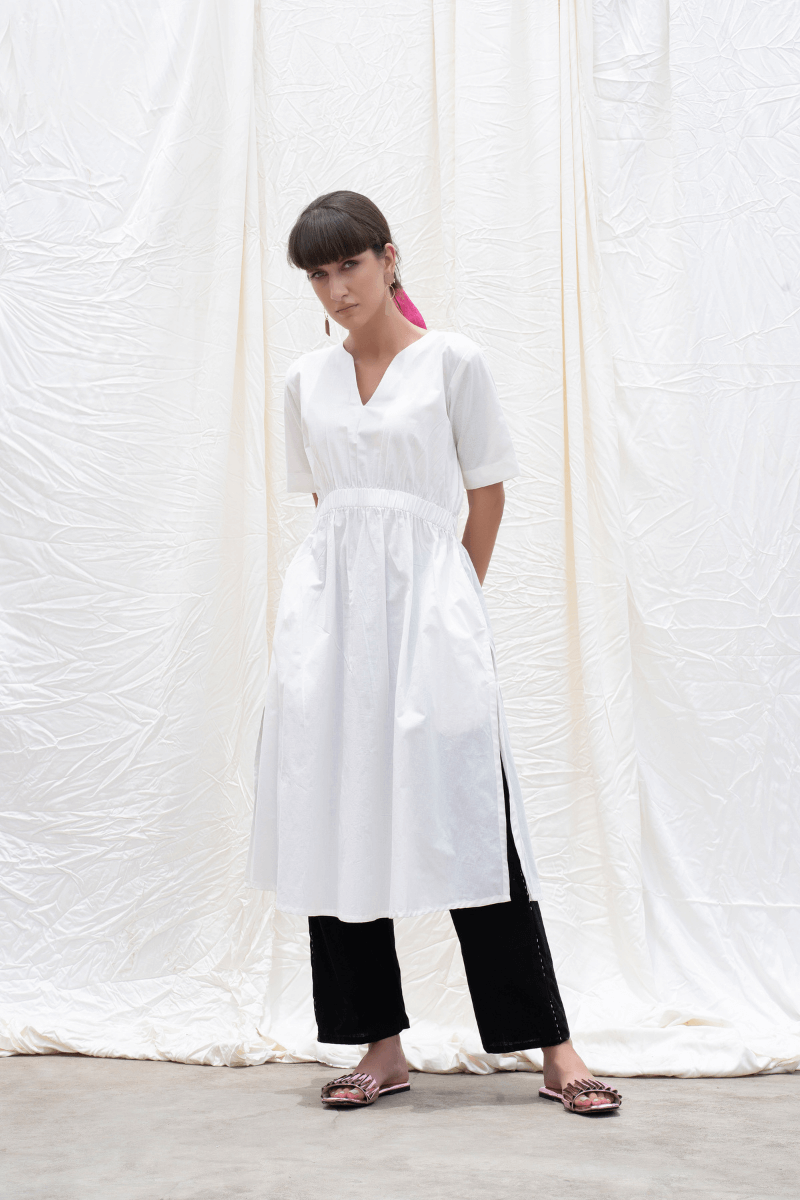 Marshmellow White Elasticated Wasitline Kurta With Pant