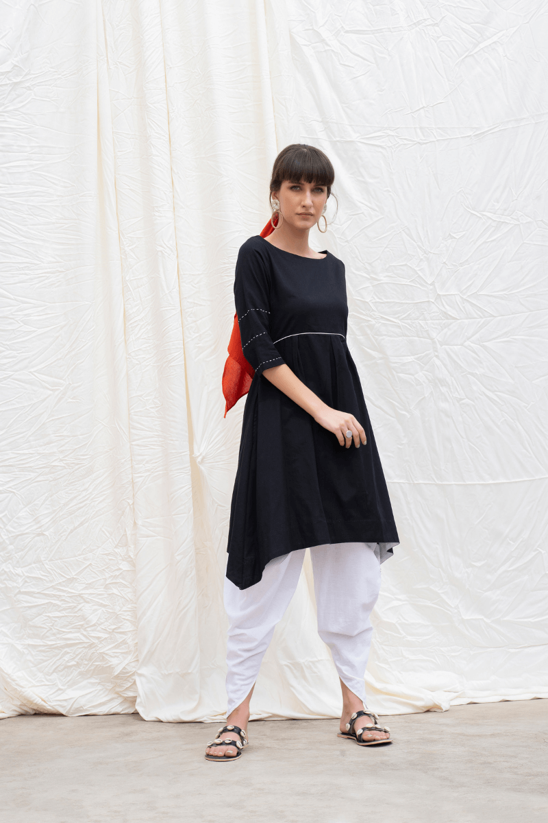 Midnight Black Mangalgiri Flared Kurta With Dhoti Pants