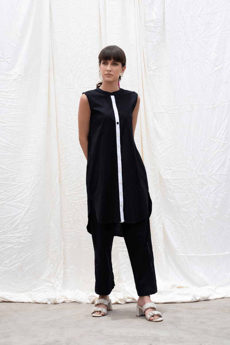 Midnight Black Mangalgiri High-low Kurta With Pants