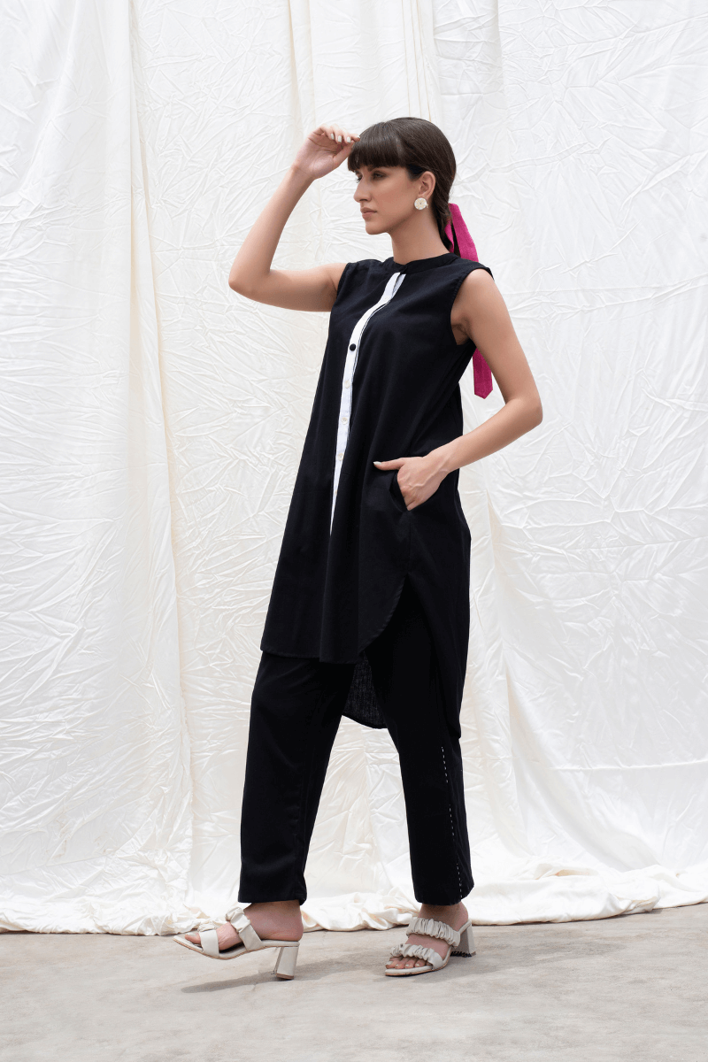 Midnight Black Mangalgiri High-low Kurta With Pants