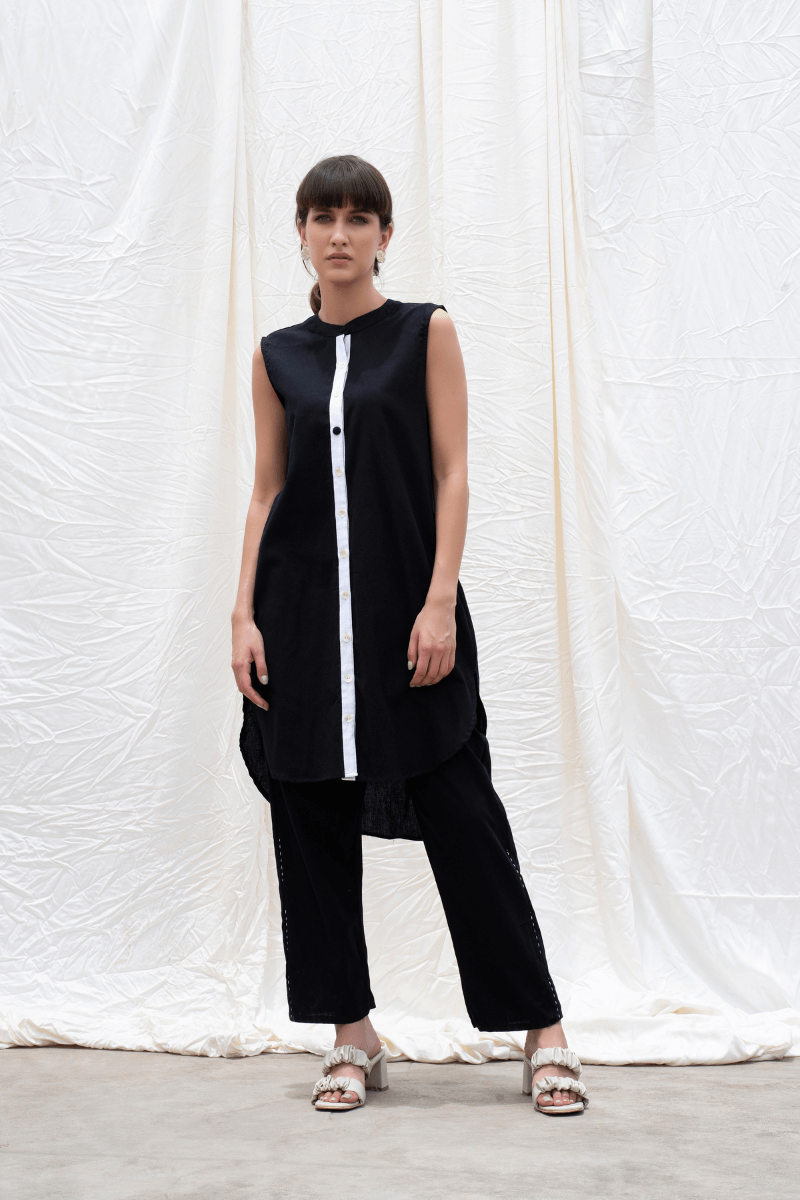 Midnight Black Mangalgiri High-low Kurta With Pants