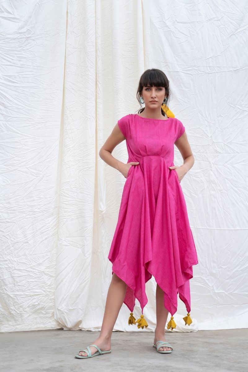 Beetroot-Pink Mangalgiri Cotton Handkerchief Dress