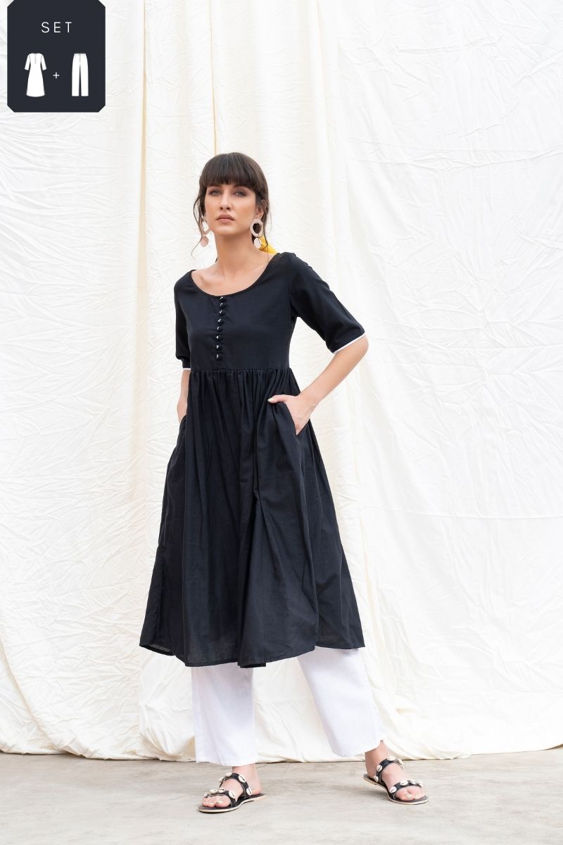 Midnight Black Mangalgiri Button Down Kurta With Pants