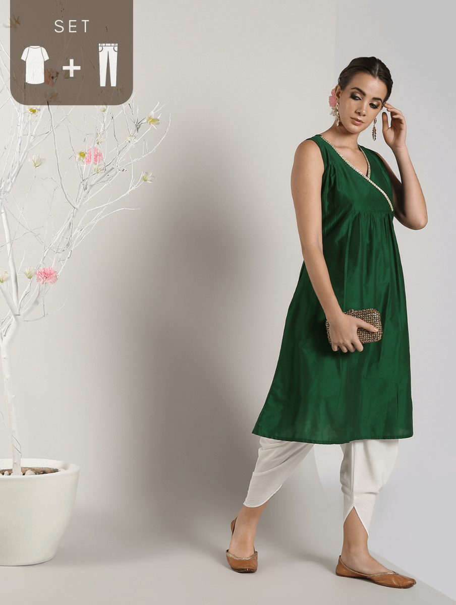 Green Banarasi Layered Yoke kurta with Dhoti Pants