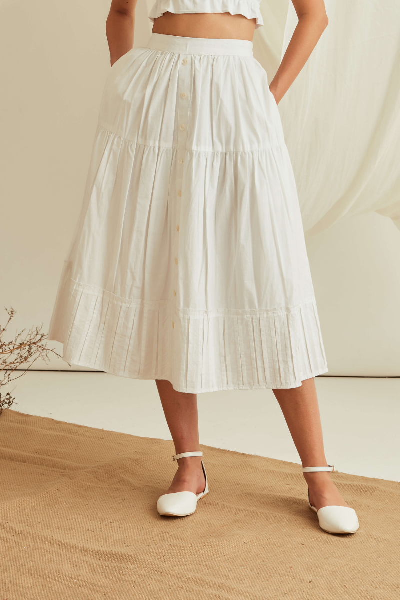 Button down pleated hem tiered skirt-Marshmallow White