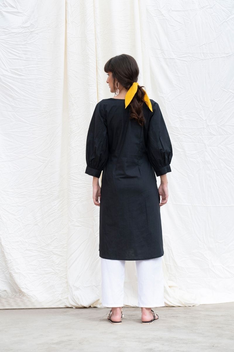Midnight-Black Cotton Poplin A-Line Kurta