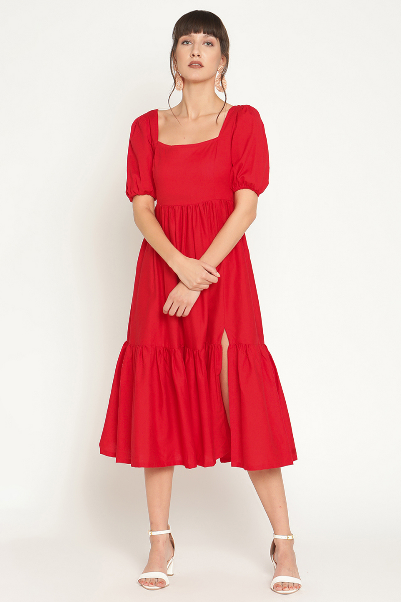 Puff sleeves midi tiered dress with slit-Ruby Woo