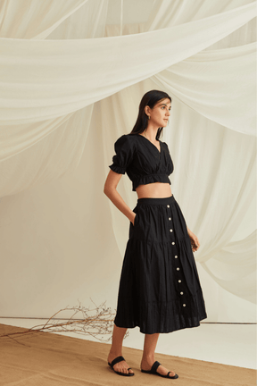 Overlapped puff sleeve crop top with button down pleated hem tiered skirt -Midnight Black