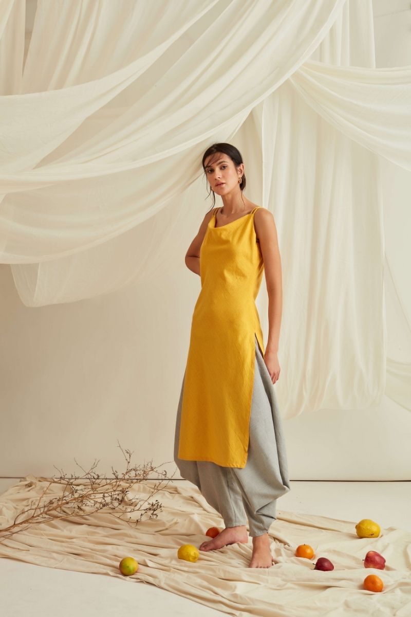 Strappy cowl neck kurta with flared cowl pants-Dandelion Yellow