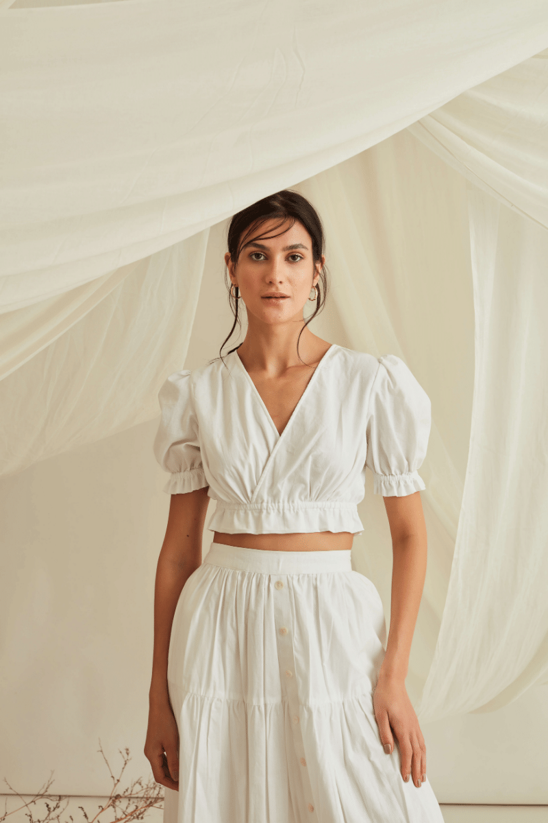 Overlapped puff sleeve crop top with button down pleated hem tiered skirt -Marshmallow White