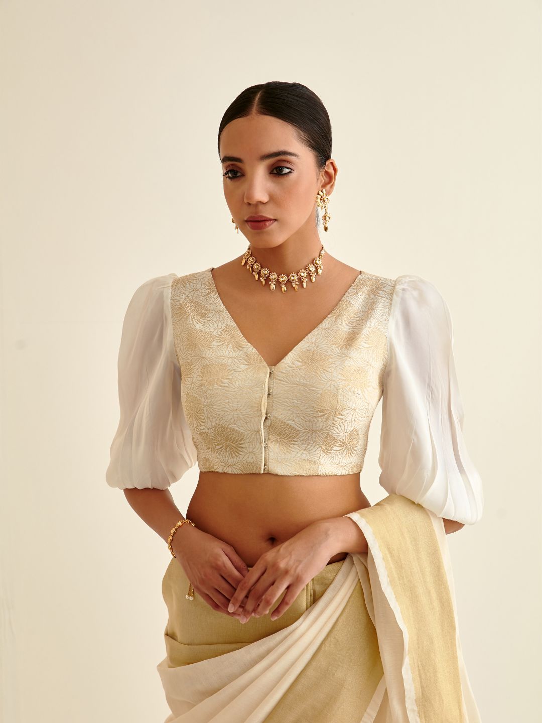 Upatta silk blouse with puff sleeves-soft white