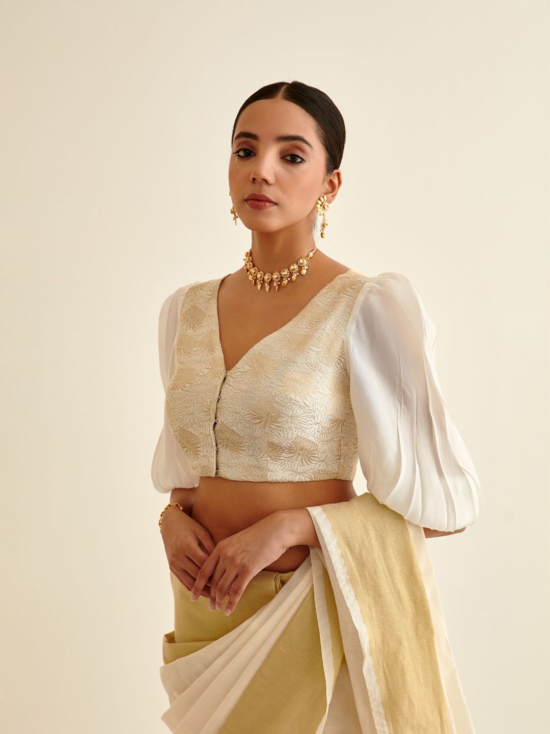 Upatta silk blouse with puff sleeves-soft white