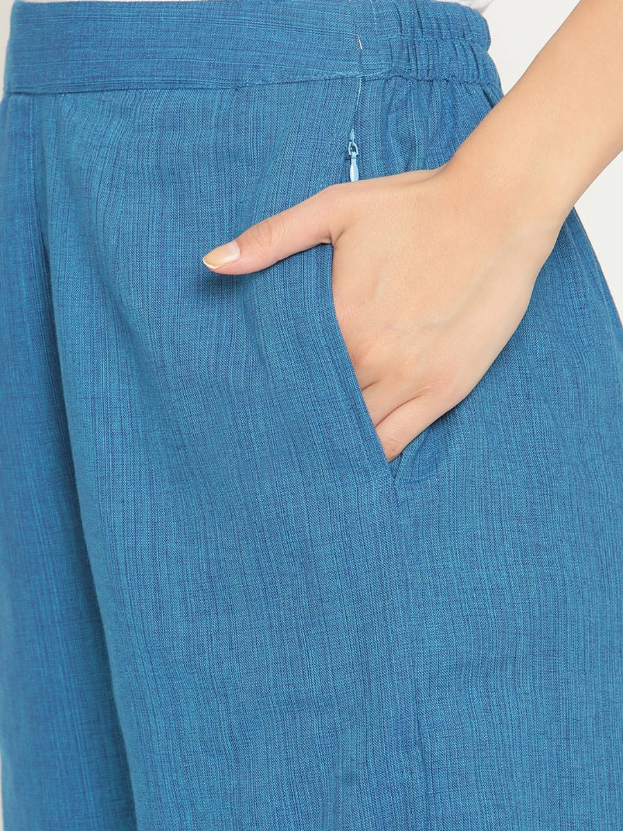 Blue Mangalgiri Straight Pants With Elaticated Waist