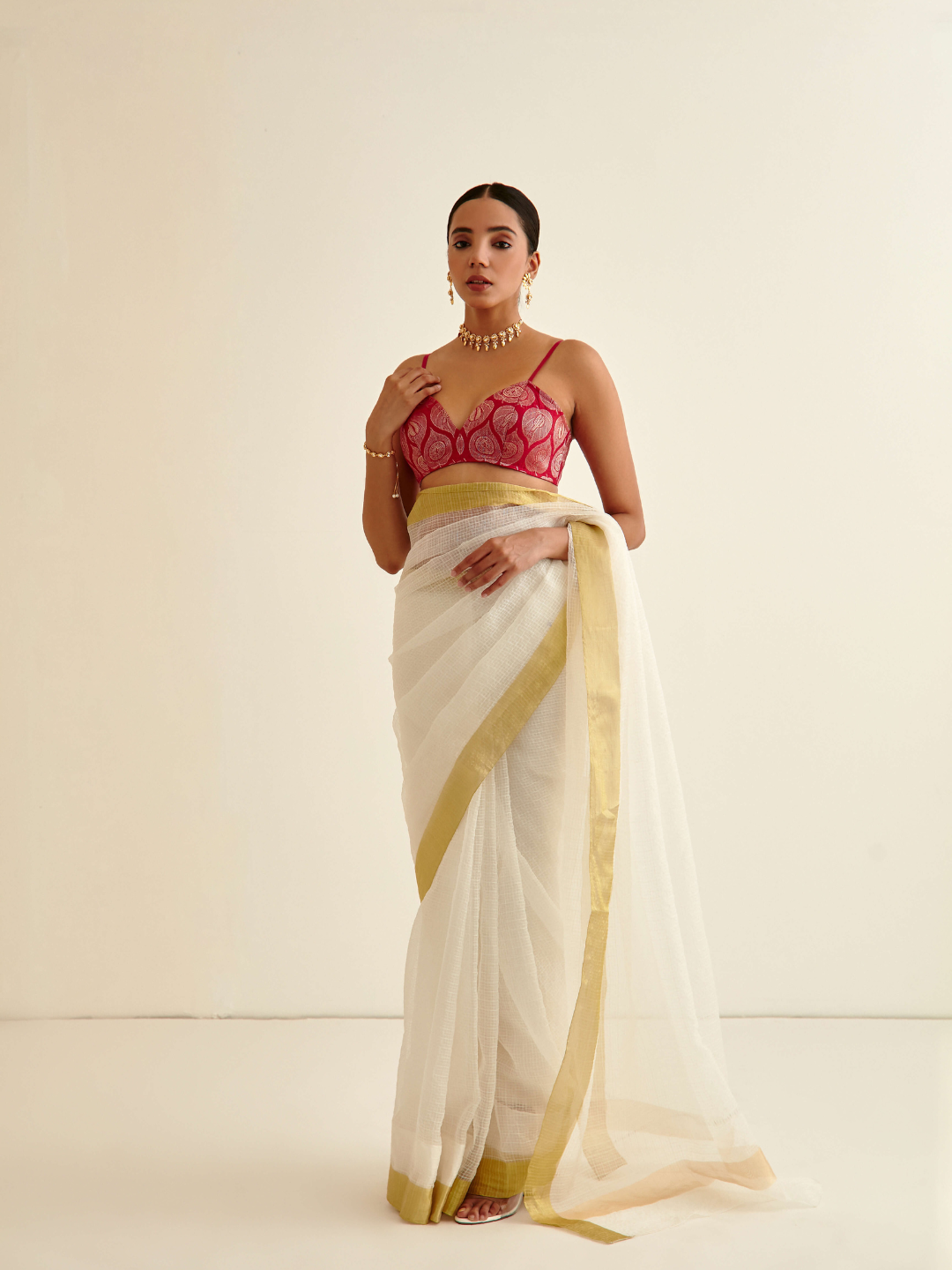 Tissue silk sari with gold border-Pearl white