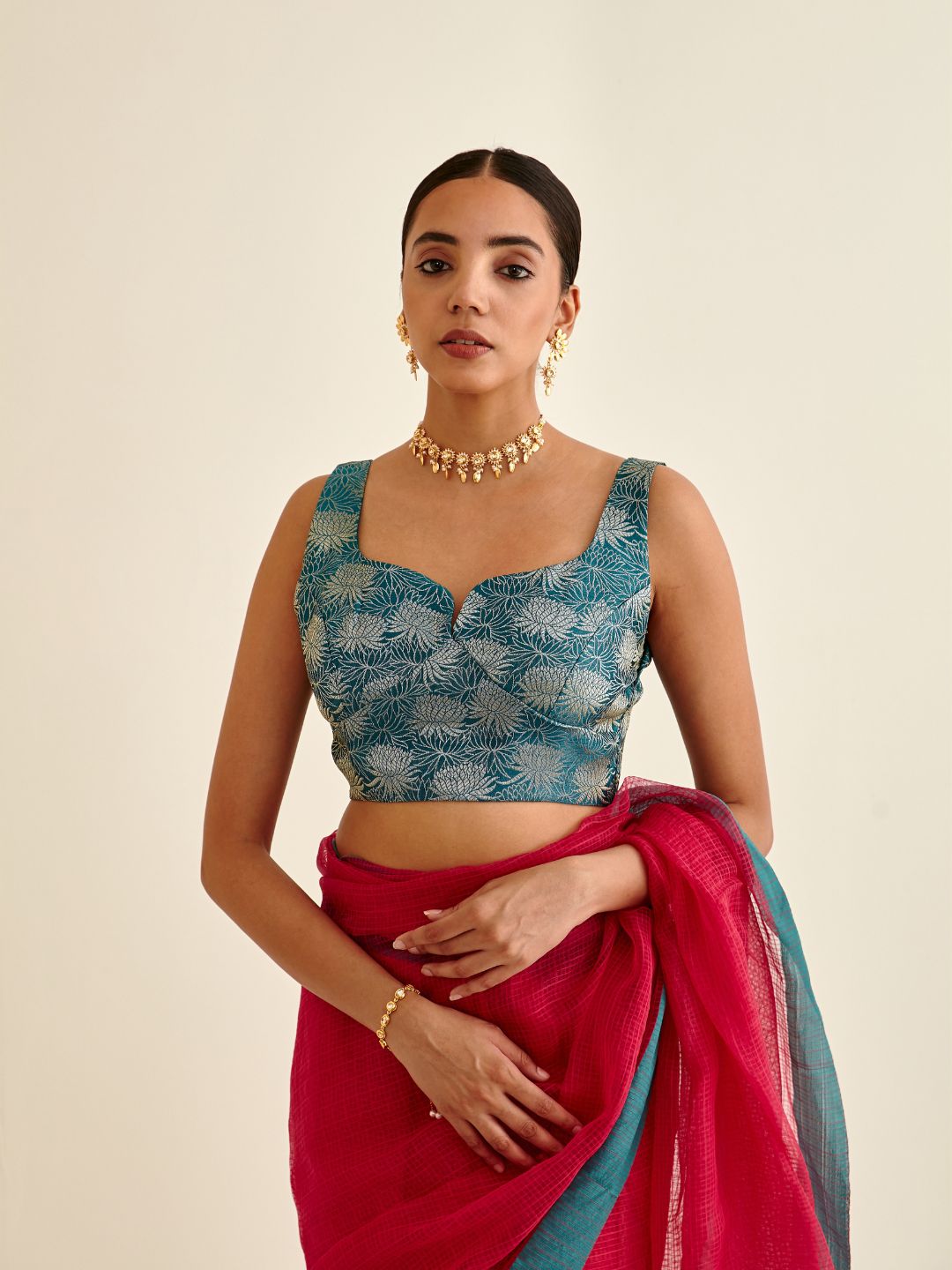 Banarasi lotus zari blouse-teal blue