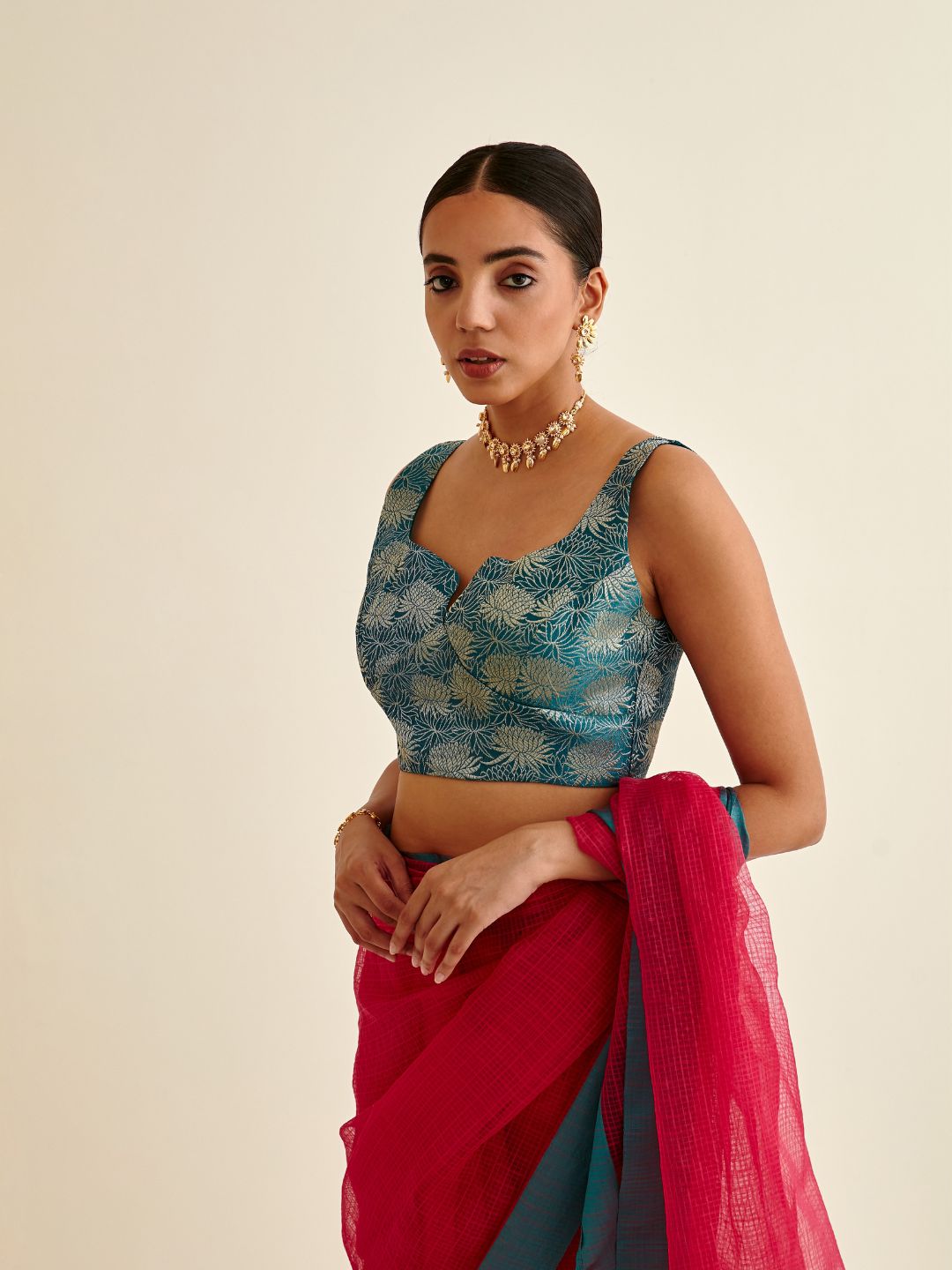 Banarasi lotus zari blouse-teal blue