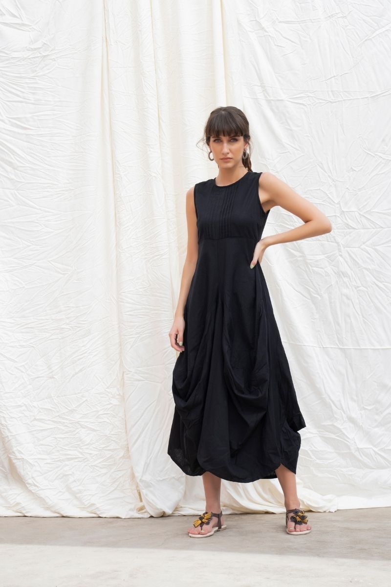 Midnight-Black Cotton Cowl Dress