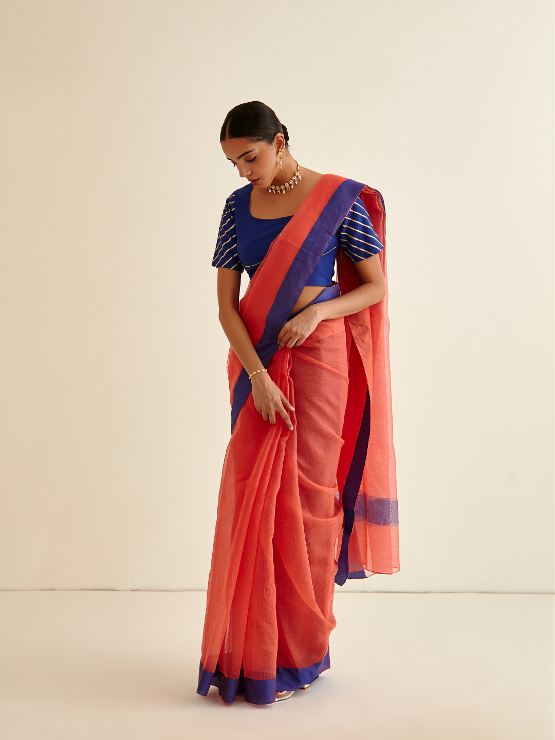 Banarasi woven sari with contrasting- Dark Coral Pink