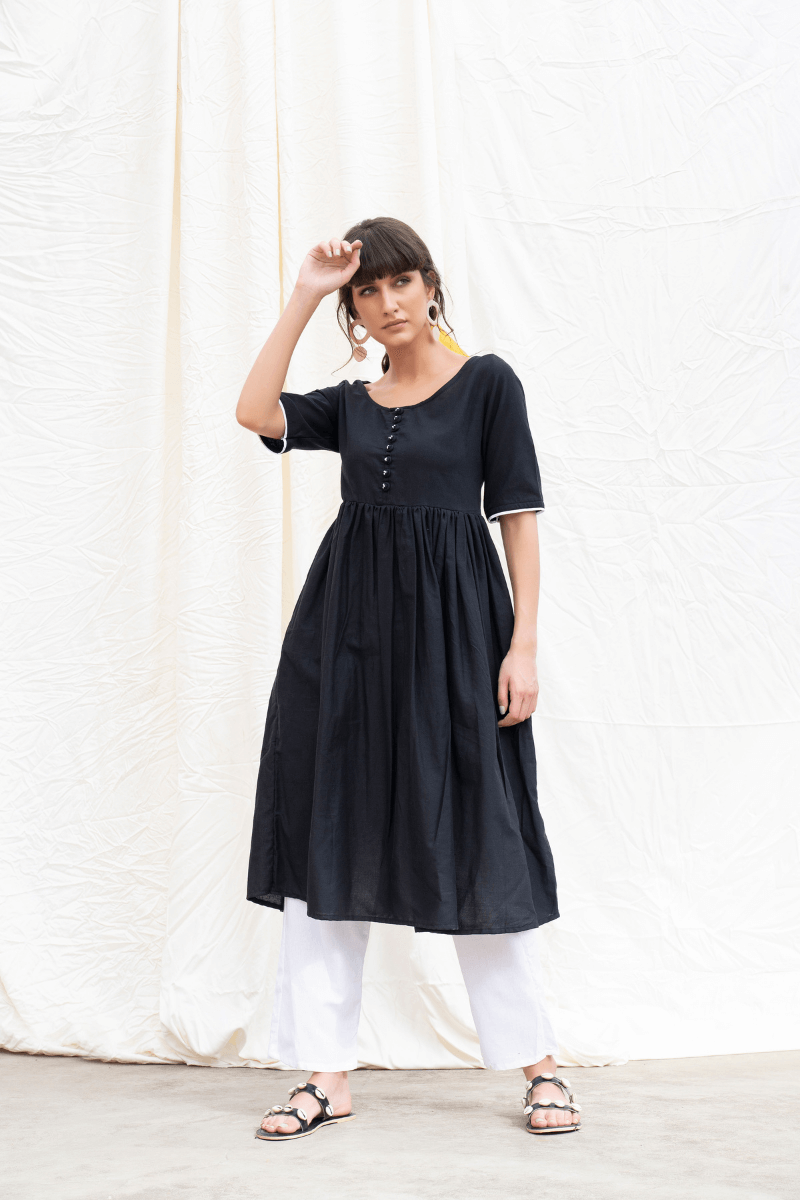 Midnight Black Mangalgiri Button Down Kurta With Pants