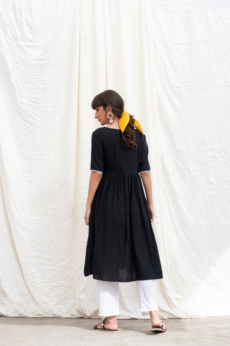 Midnight Black Mangalgiri Button Down Kurta With Pants