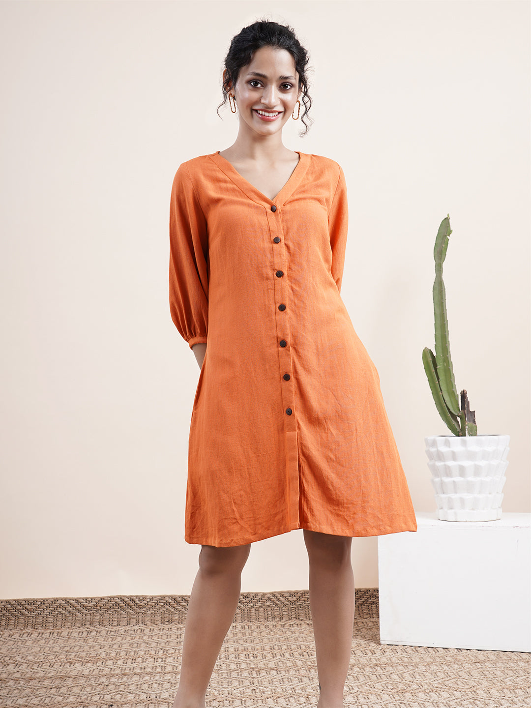 Rust Orange V- neck buttoned down dress