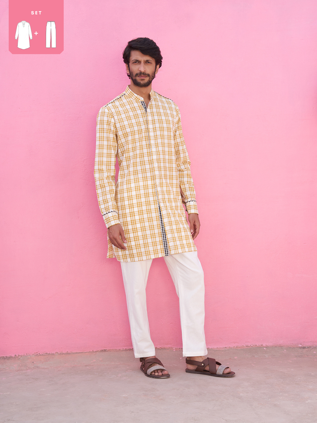 Mandarin collar yellow plaid checks kurta Set