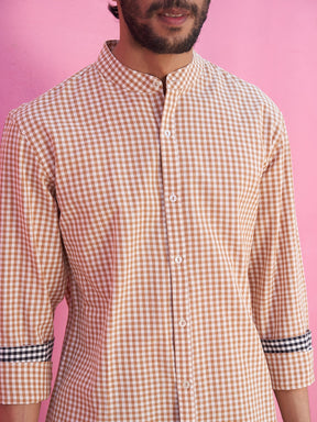 Mandarin collar Brown gingham checks shirt