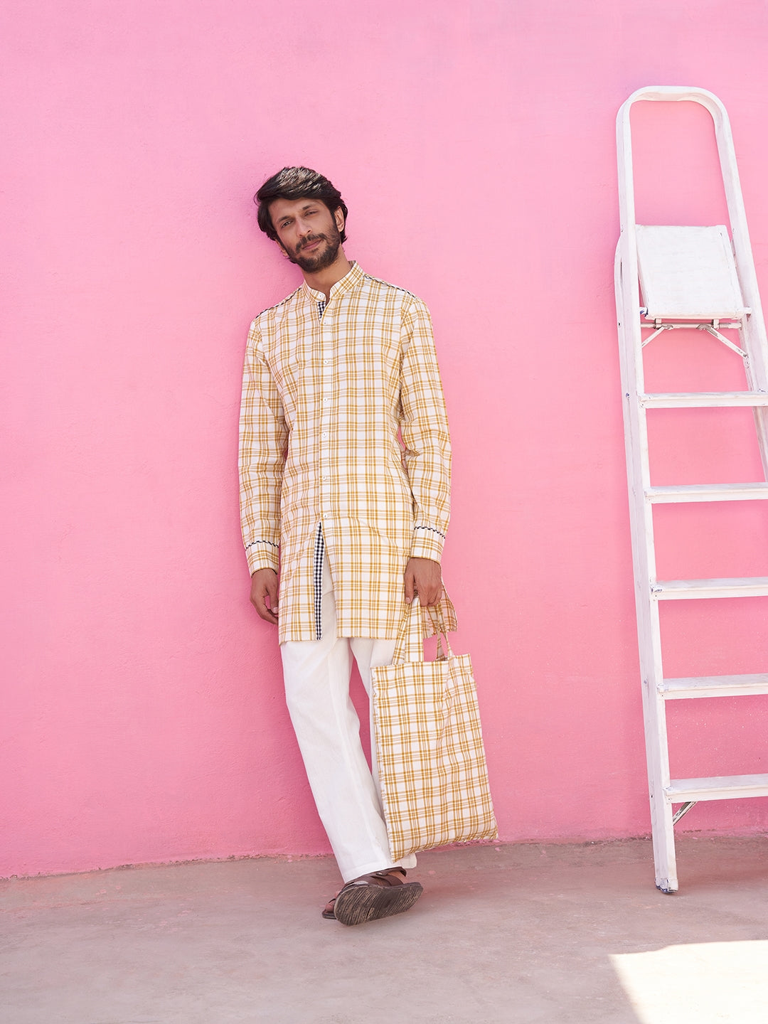 Mandarin collar yellow plaid checks kurta Set