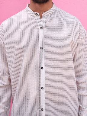Mandarin collar kantha stripe white shirt