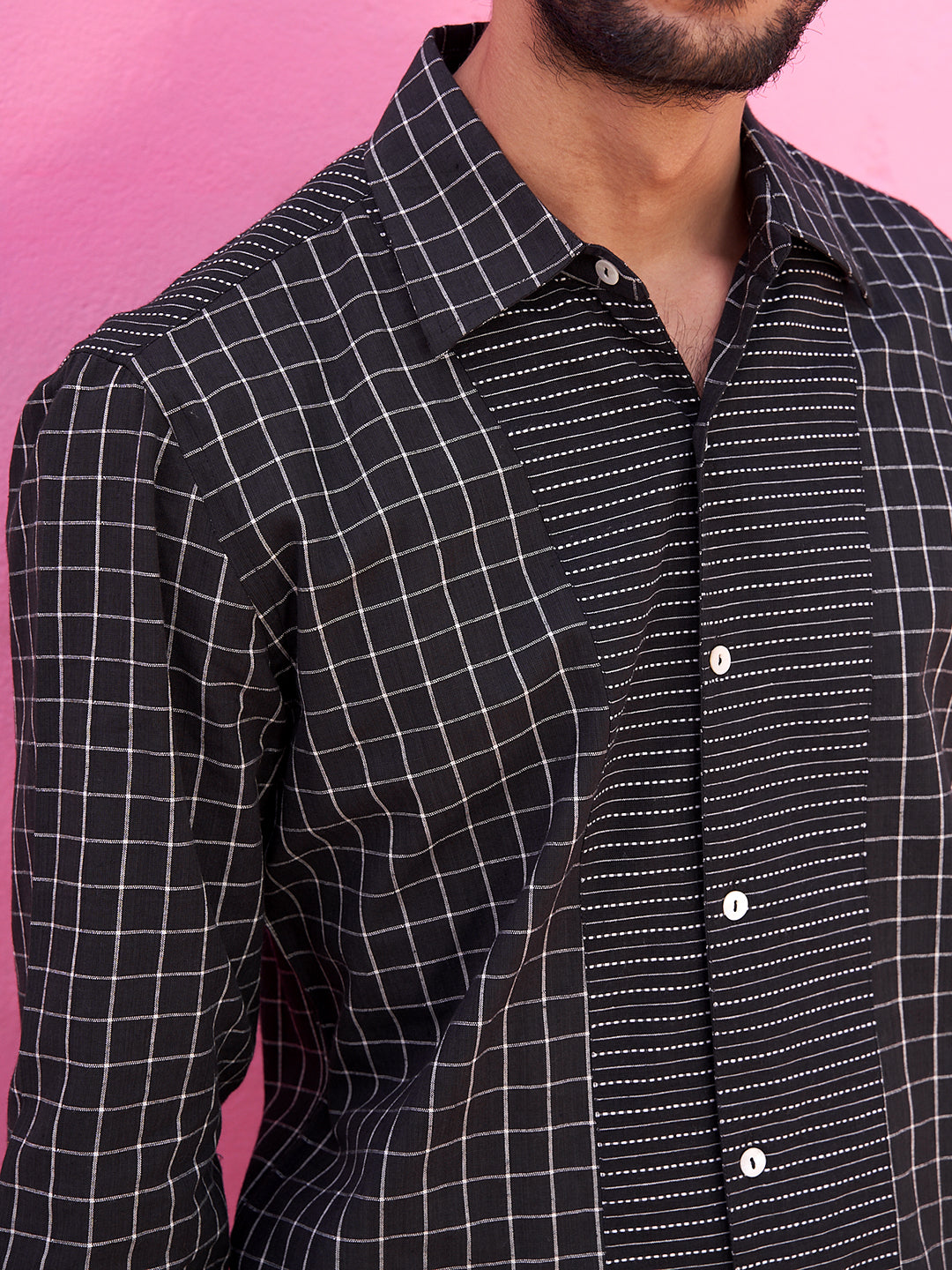 Black Classic collar kurta shirt with kantha striped yoke